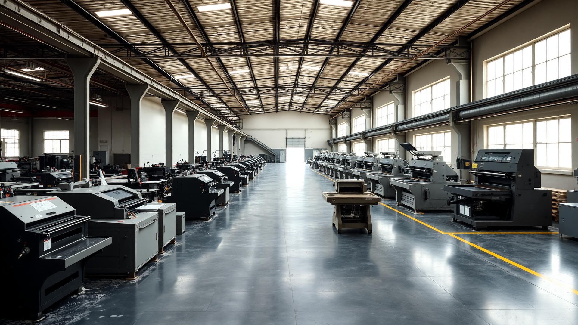 Print & Finish factory floor filled with used print finishing machinery in Morecambe
